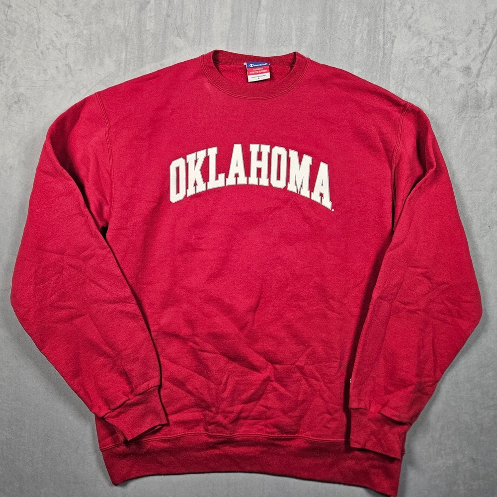 Oklahoma Sooners Sweatshirt Mens Large‎ Red Champion Crew Neck Fleece Lined